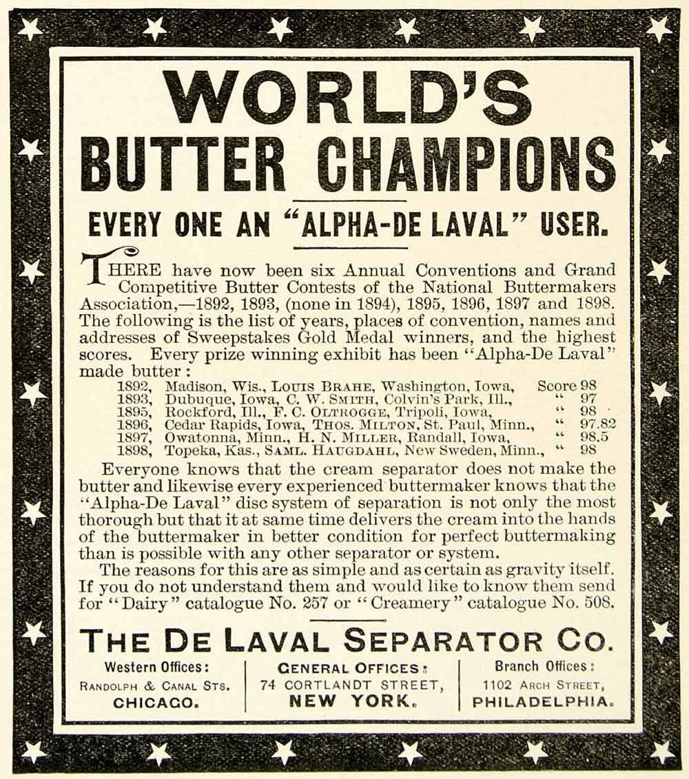 1898 Advert Alpha-De Laval Separator 74 Cordlandt Street 1102 Arch Dairy CG3