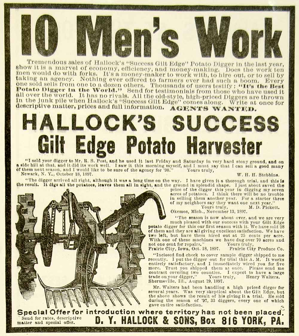 1898 Ad D. Y Hallock Success Gilt Edge Potato Harvester Henry Walters CG3
