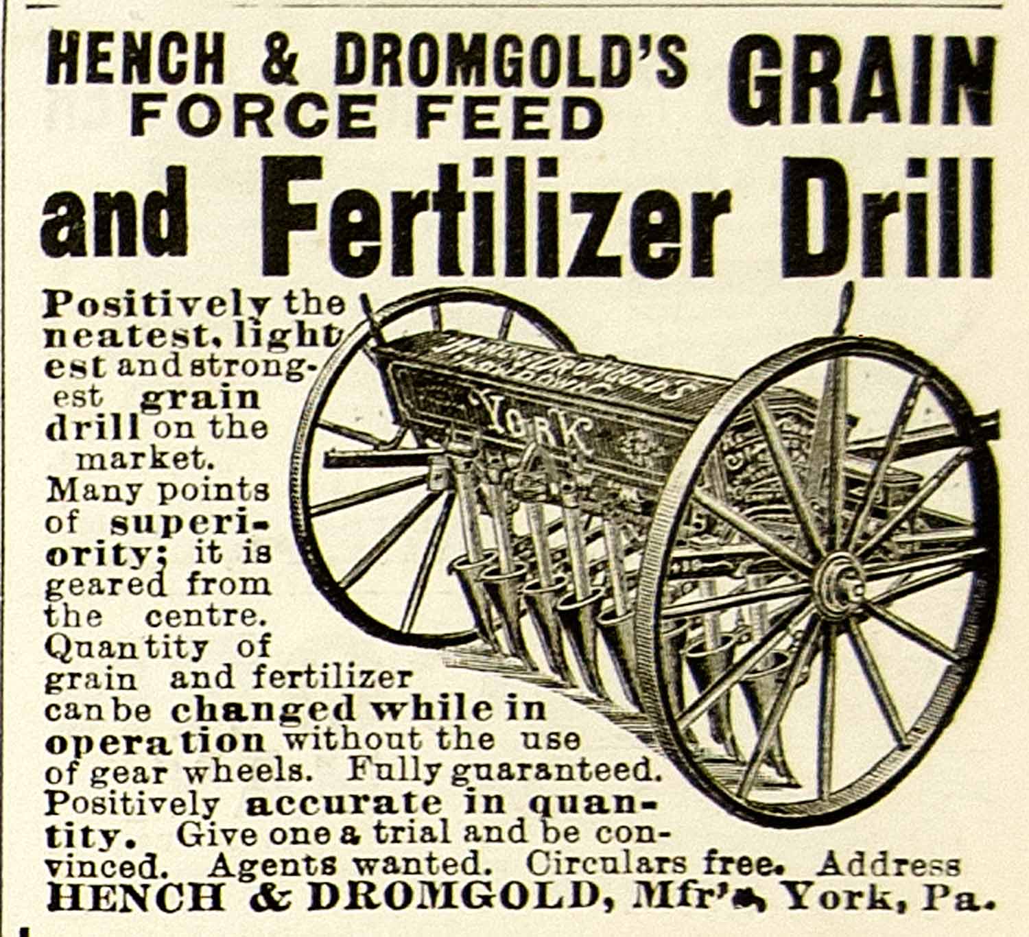 1898 Ad Hench Dromgold Grain Fertilizer Drill Farming Equipment Implement CG3