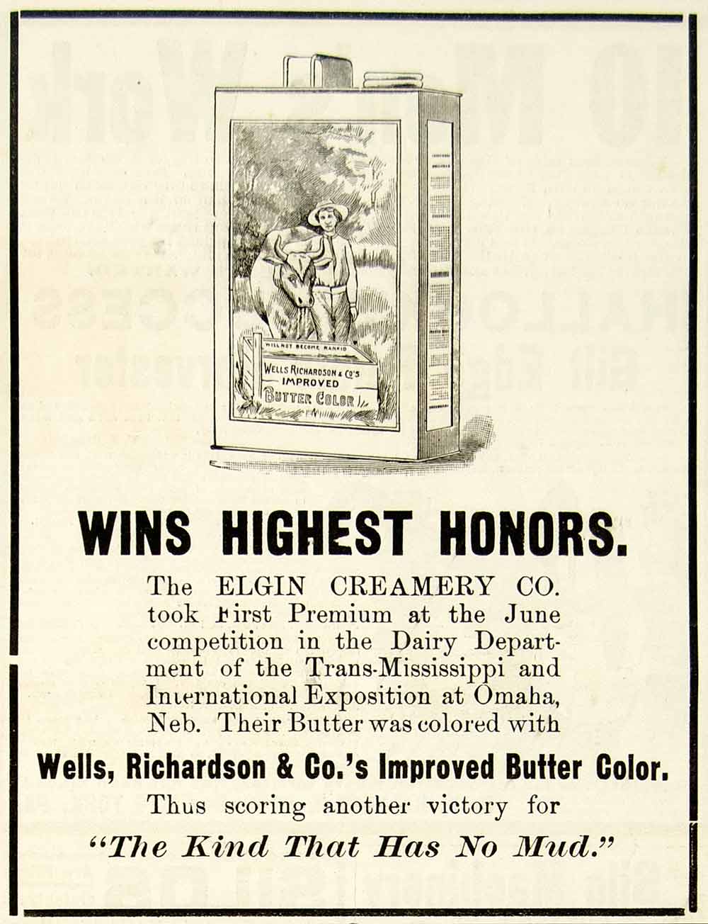 1898 Advert Wells Richardson Dairy Additive Improved Butter Color Elgin CG3