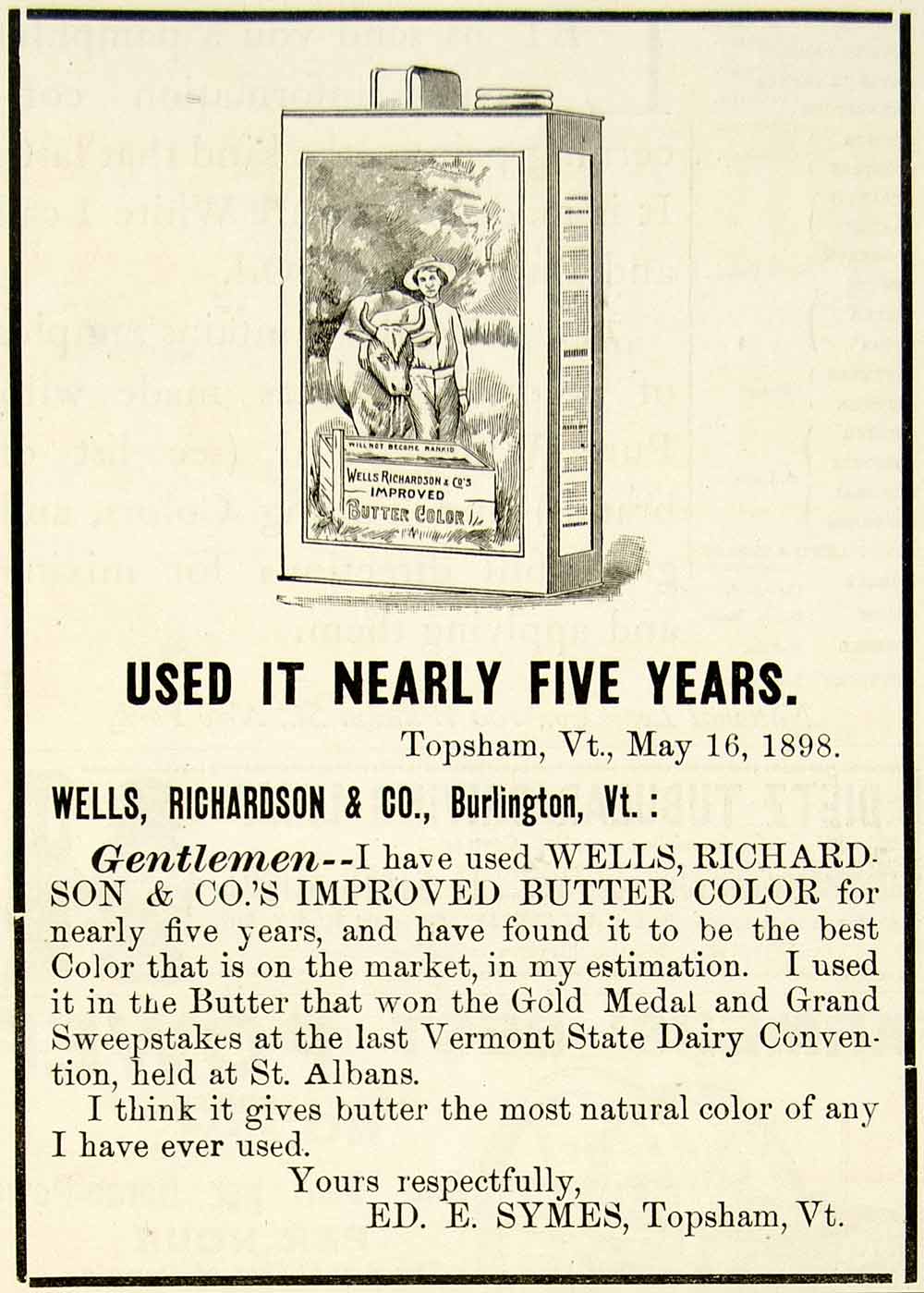 1898 Ad Improved Color Butter E Symes Creamery WElls Richardson Dairy CG3