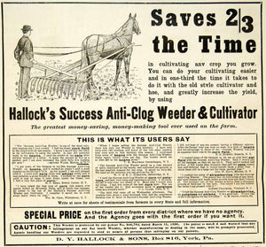 1899 Ad D. Y. Hallock Success Anti-Clog Weeder Cultivator Alfred Chalmers CG3