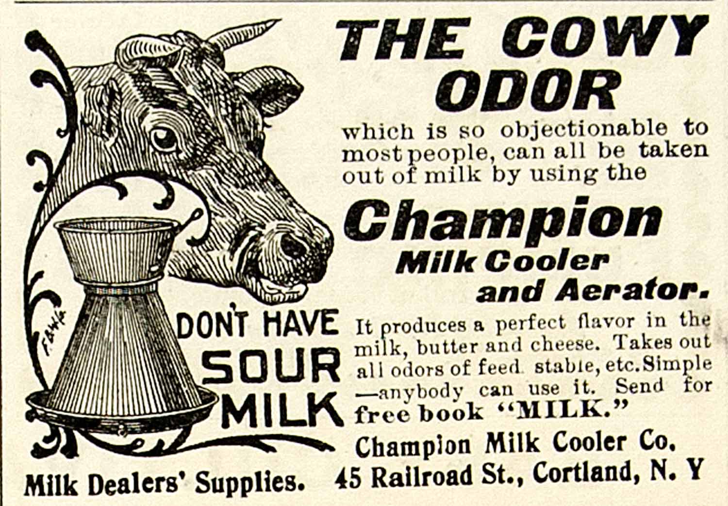 1899 Ad Champion Milk Cooler Aerator 45 Railroad Street Cortland Dairy CG3
