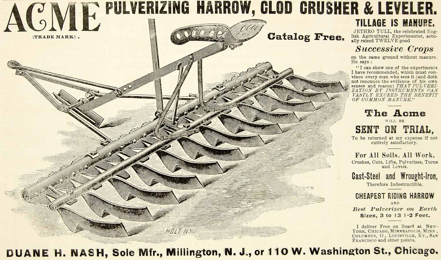 1899 Ad Acme Pulverizing Harrow Clod Crusher Duane Nash 110 W. Washington St CG3