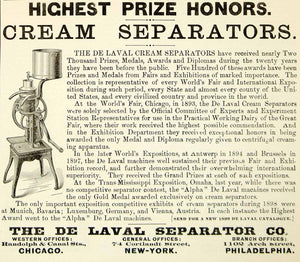 1899 Ad Cream Separators De Laval 74 Cortlandt St. Dairy World's Fair CG3