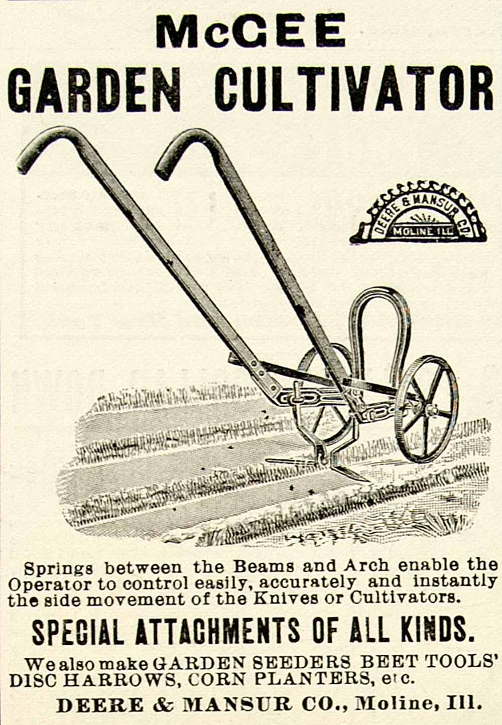 1899 Ad McGee Garden Cultivator Deere Mansur Seeder Tool Moline Illinois CG3