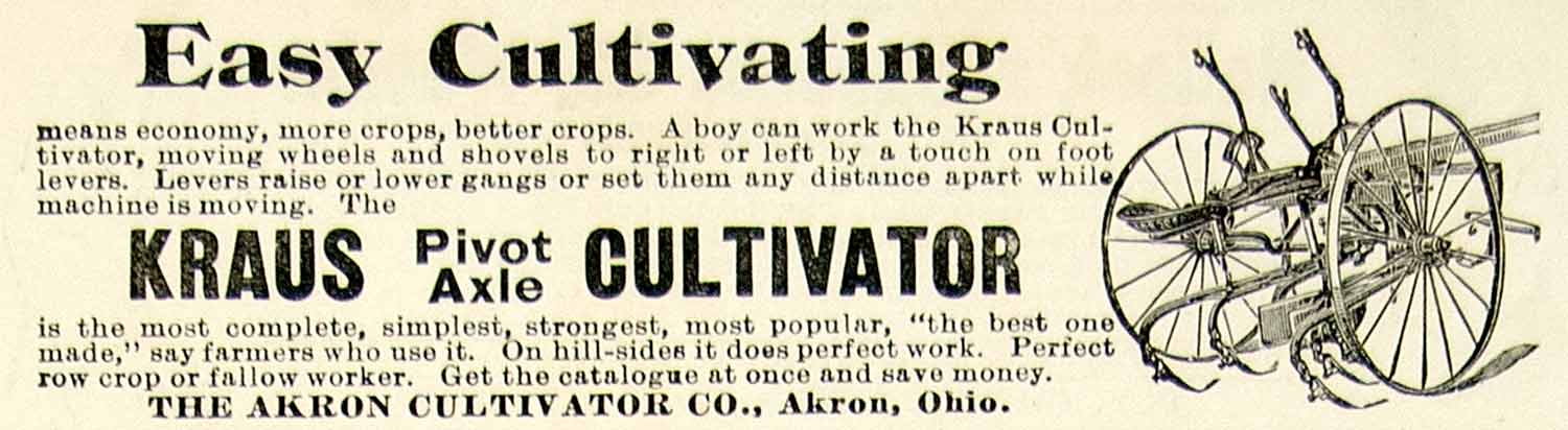 1899 Advert Kraus Cultivator Akron Pivot Axle Farming Equipment Implement CG3