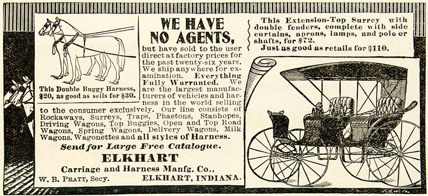 1899 Ad Elkhart Carriage Harness W B Pratt Buggy Surrey Transportation CG3