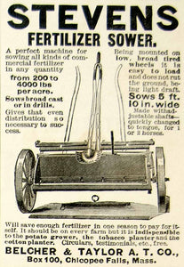 1899 Ad Stevens Fertilizer Sower Belcher Taylor A T Chicopee Falls Farming CG3