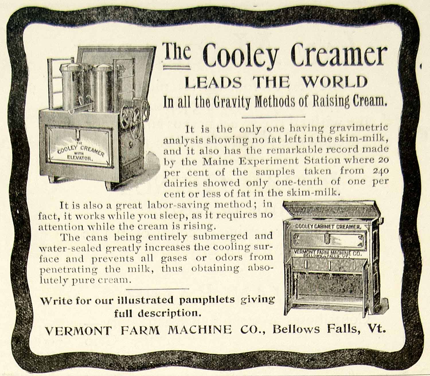 1899 Advert Cooley Creamer Vermont Farm machine Bellows Falls Raising Cream CG3
