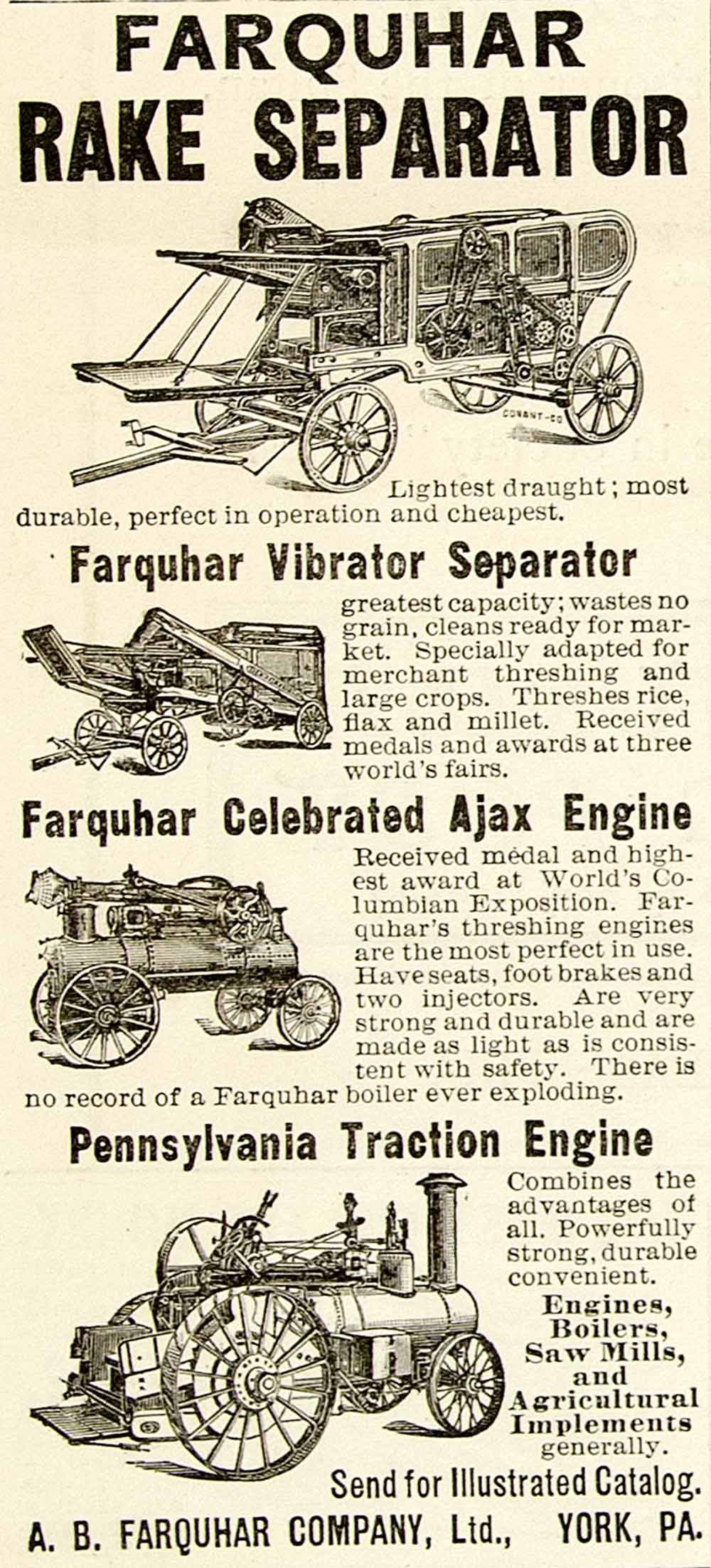 1899 Ad Farquhar Rake Separator Ajax Traction Vibrator Farming Equipment CG3