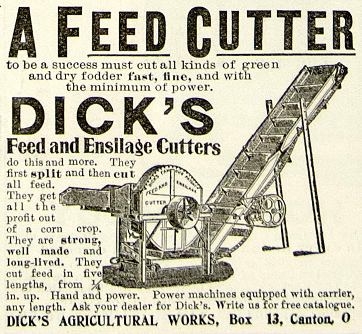 1899 Ad Dick's Agricultural Workds Feed Ensilage Cutter Machine Farming CG3