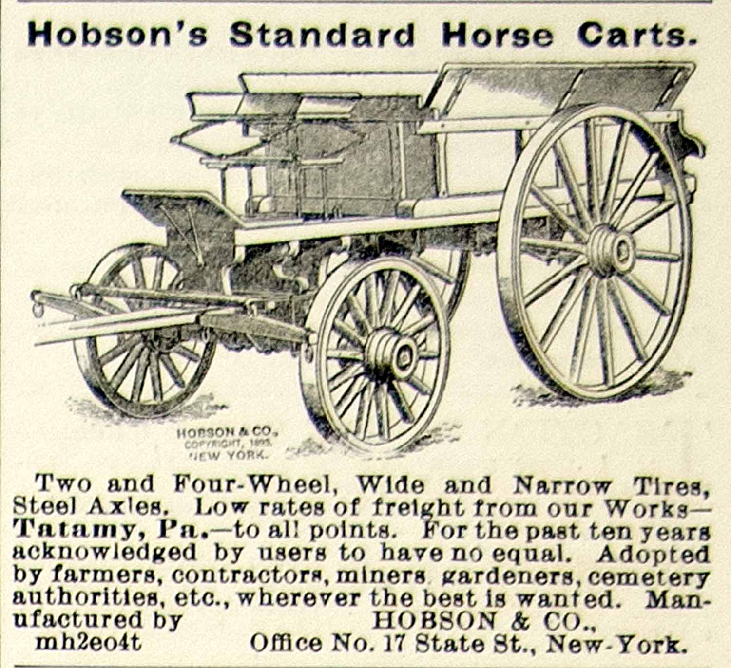 1899 Ad Hobson Horse Cart Tatamy Transportation 17 State Street New York CG3