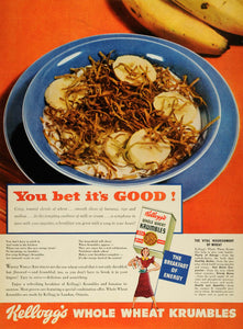 1938 Ad Kellogg Co Whole Wheat Shredded Krumbles Cereal Bananas Energy CHA1