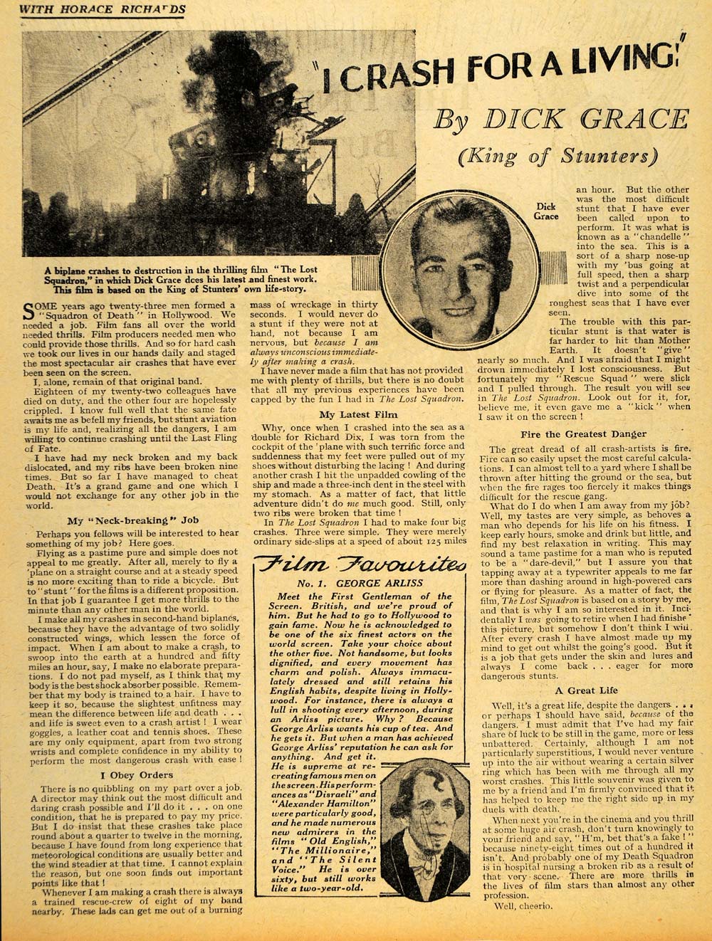 1934 Dick Grace Movie Stunt Pilot Film Stuntman Article - ORIGINAL CHM1