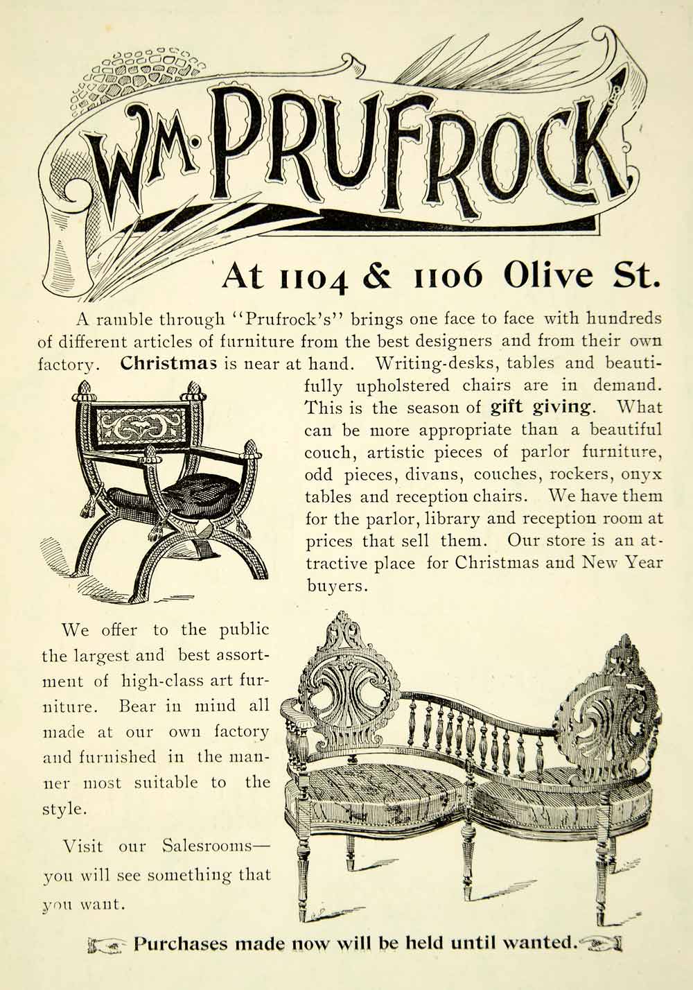1895 Ad William Prufrock 1106 Olive Street Furniture Chair Carpentry CHM2