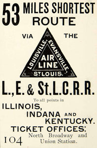 1895 Advert Air Line Louisville Evansville Union Station Transportation CHM2
