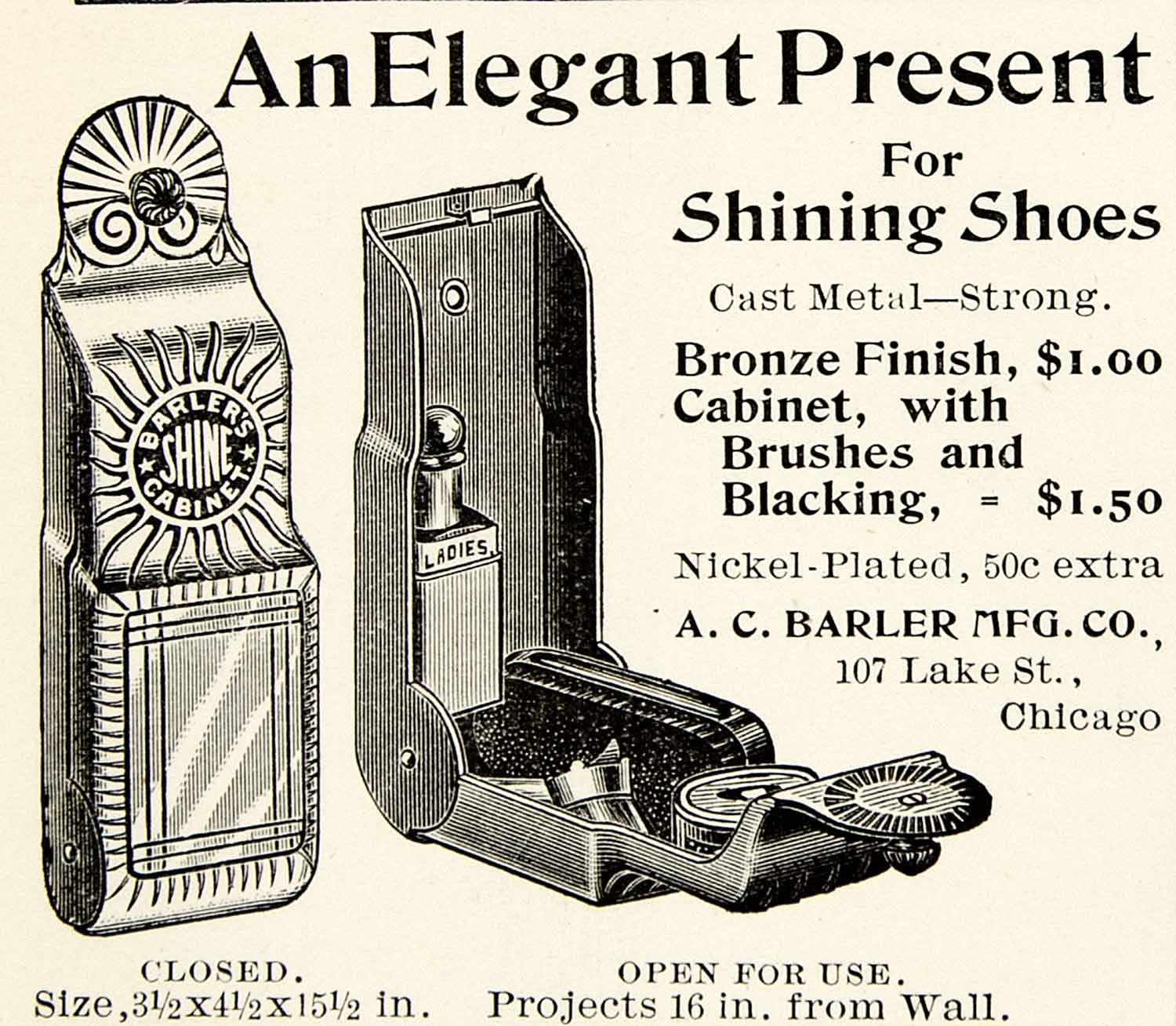1895 Ad Shoe Shining A C Barler 107 Lake Street Chicago Kit Blacking CHM2