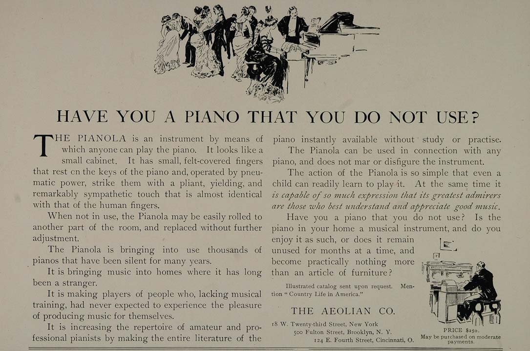 1902 Vintage Print Ad Aeolian Pianola Piano Instrument - ORIGINAL CL1