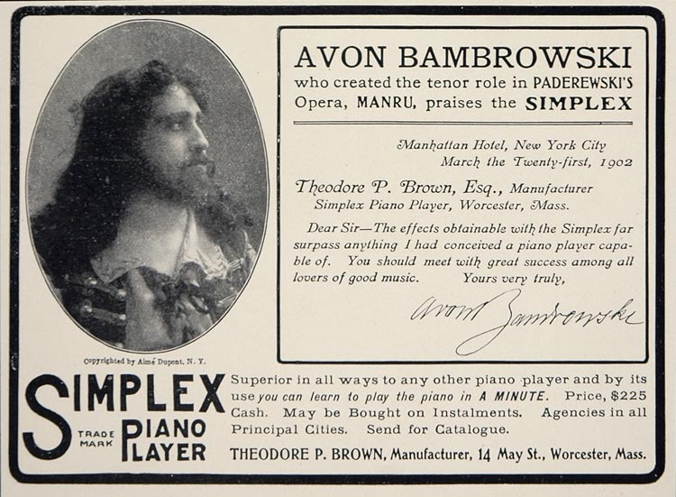 1902 Vintage Ad Simplex Player Piano Avon Bambrowski - ORIGINAL ADVERTISING CL1