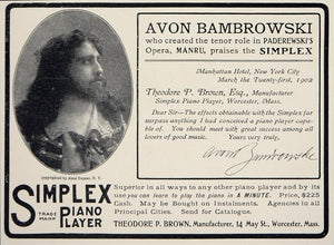 1902 Vintage Ad Simplex Player Piano Avon Bambrowski - ORIGINAL ADVERTISING CL1