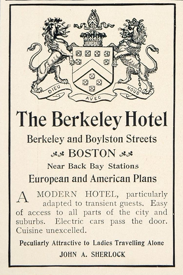 1902 Vintage Ad Berkeley Hotel Boston John A. Sherlock - ORIGINAL CL1