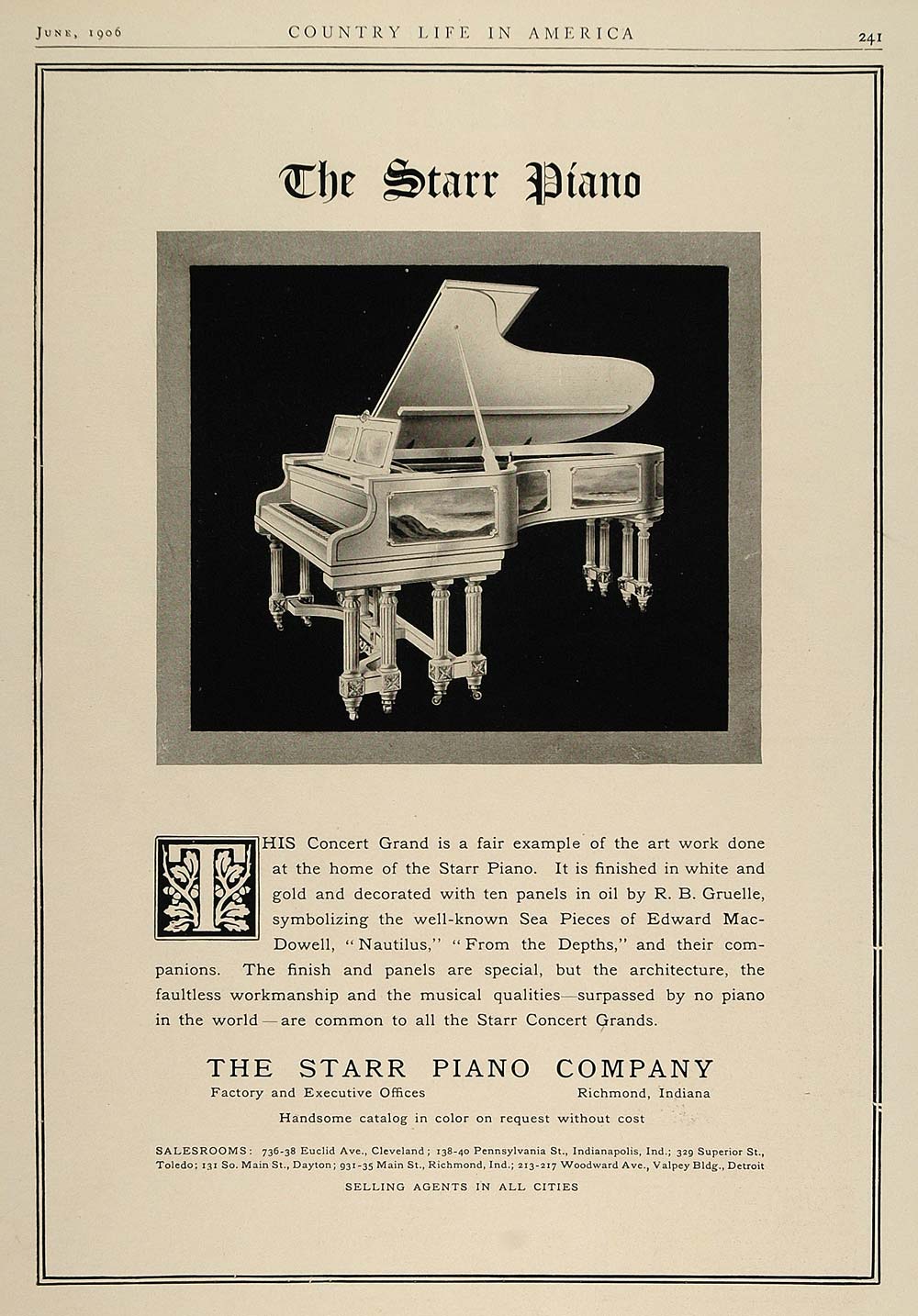1906 Ad Starr Concert Grand Piano Gruelle Richmond Ind. - ORIGINAL CL2