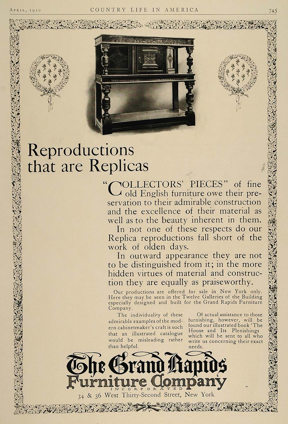 1910 Ad Reproduction English Furniture Grand Rapids NYC - ORIGINAL CL2
