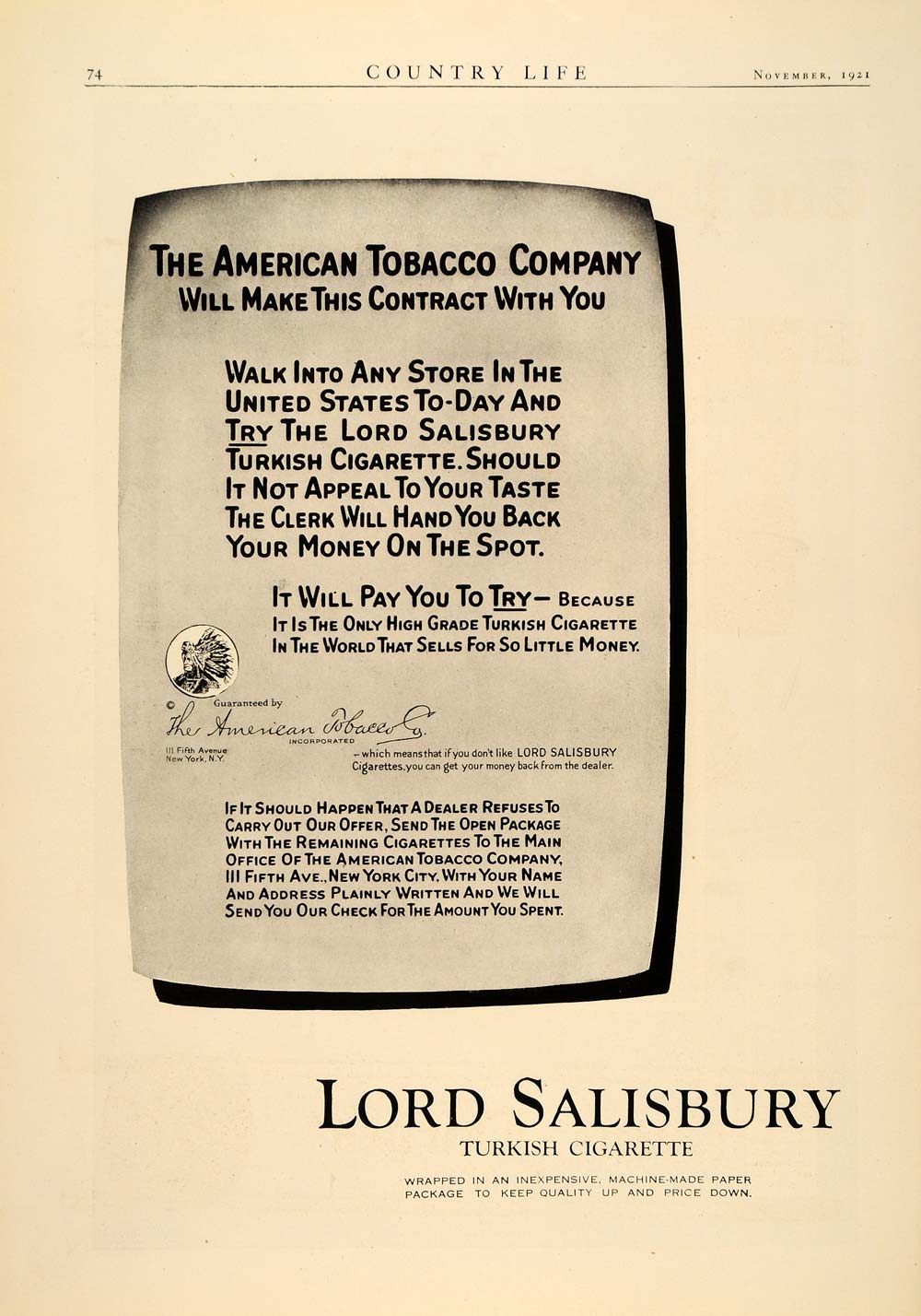 1921 Ad Lord Salisbury Turkish Cigarettes Guarantee