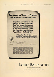 1921 Ad Lord Salisbury Turkish Cigarettes Guarantee - ORIGINAL ADVERTISING CL3