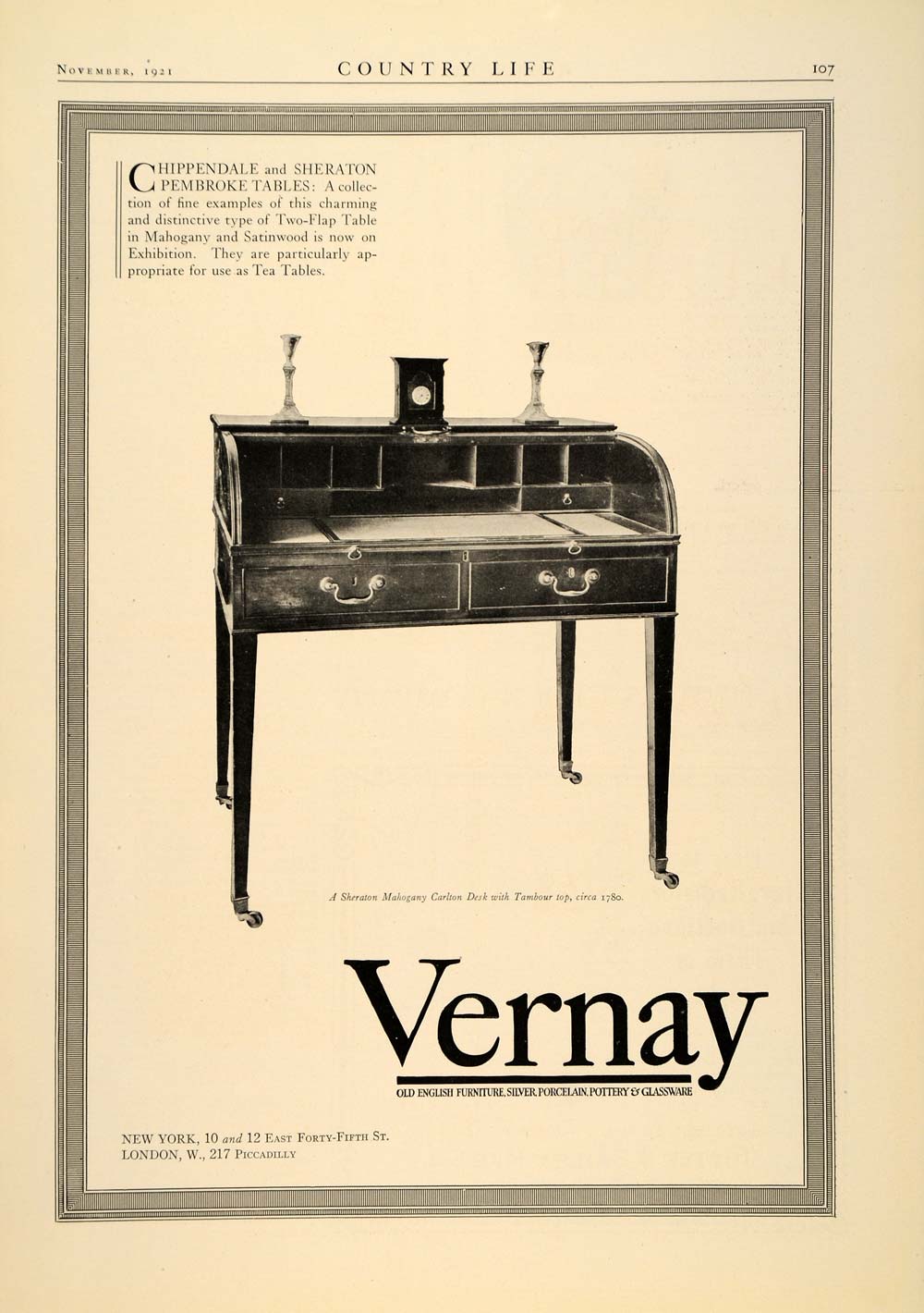 1921 Ad Vernay Sheraton Mahogany Carlton Desk Tambour - ORIGINAL ADVERTISING CL3