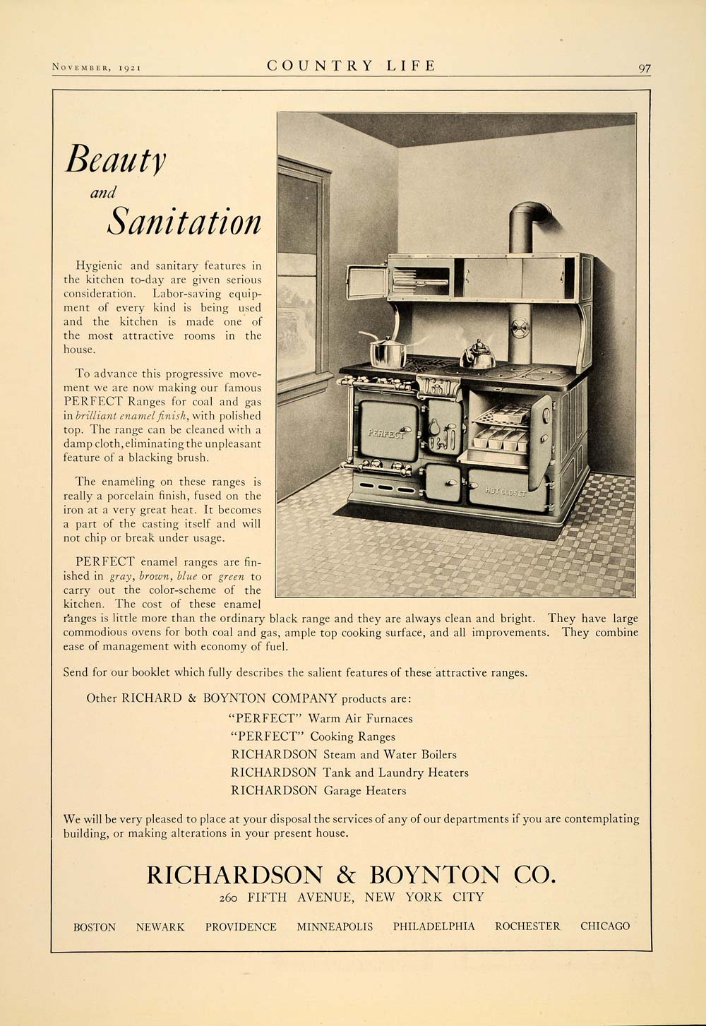 1921 Ad Richardson Boynton Kitchen Stove Perfect Range - ORIGINAL CL3