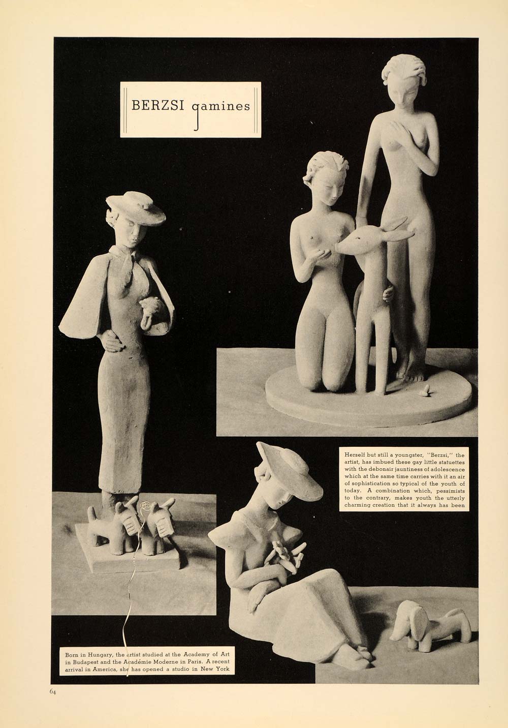 1934 Berzsi Statuettes Gamine Figurines Hungarian Print ORIGINAL HISTORIC CL3