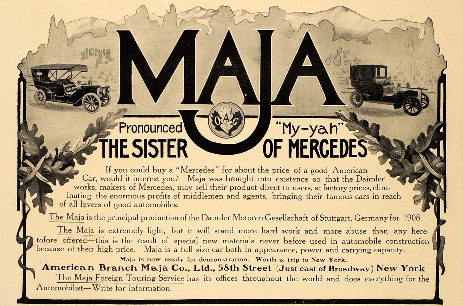 1908 Ad Maja Antique German Automobile Daimler RARE - ORIGINAL ADVERTISING CL3