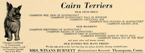 1924 Ad Cairn Terriers Quinnatisset Kennels Dog Burnett - ORIGINAL CL4