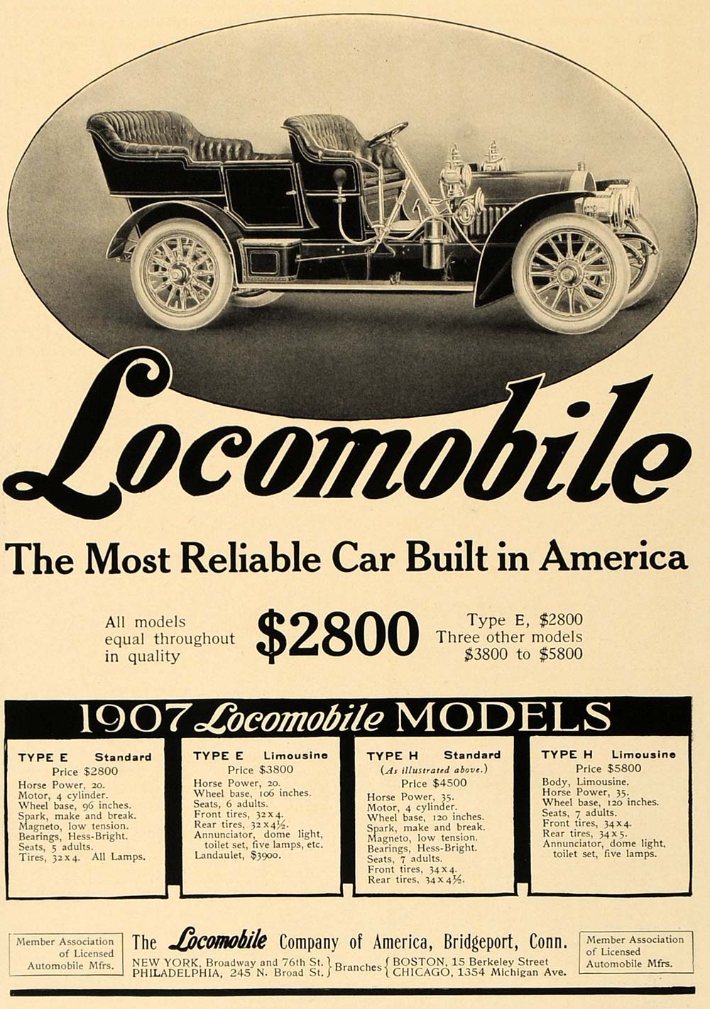 1907 Ad Locomobile Car Bridgeport Limousine Standard - ORIGINAL ADVERTISING CL4