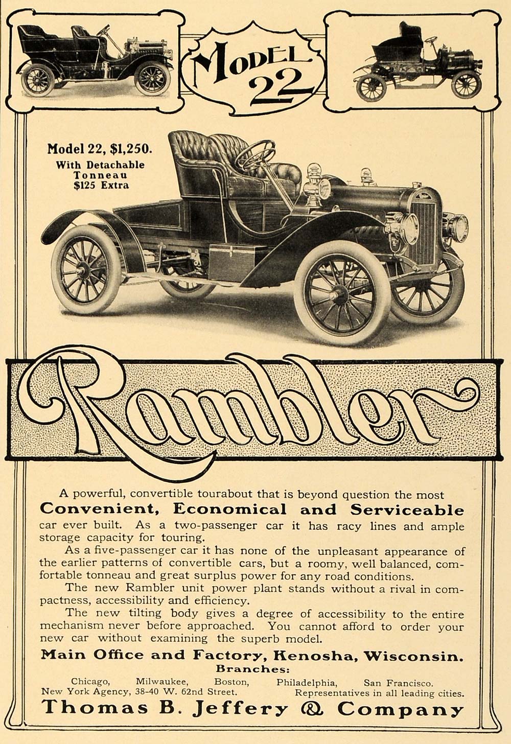 1907 Ad Thomas B. Jeffery Rambler Model 22 Kenosha - ORIGINAL ADVERTISING CL4