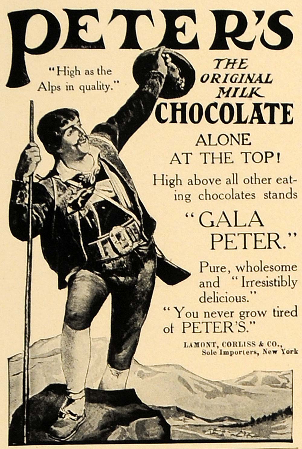 1907 Ad Peter's Milk Chocolate Alps Lamont Corliss - ORIGINAL ADVERTISING CL4