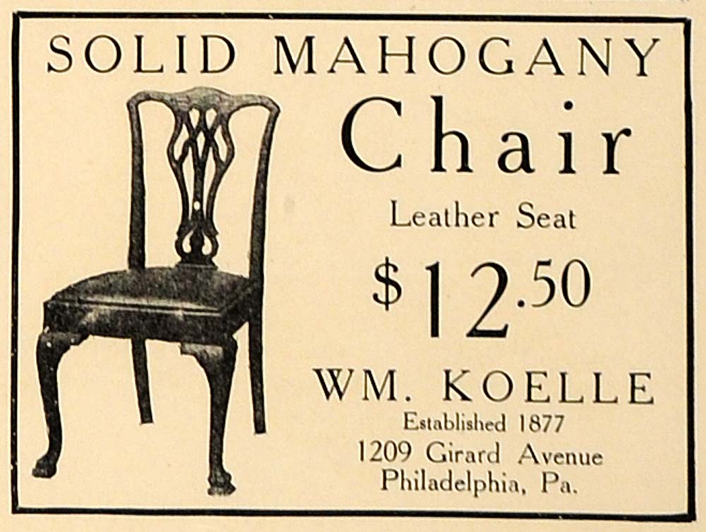 1907 Ad WM. Koelle Mahogany Chair Leather Seat Pricing - ORIGINAL CL4