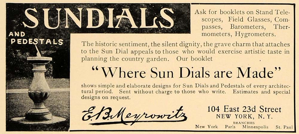 1907 Ad E.B. Meyrowitz Sun Dial Barometers Thermometers - ORIGINAL CL4