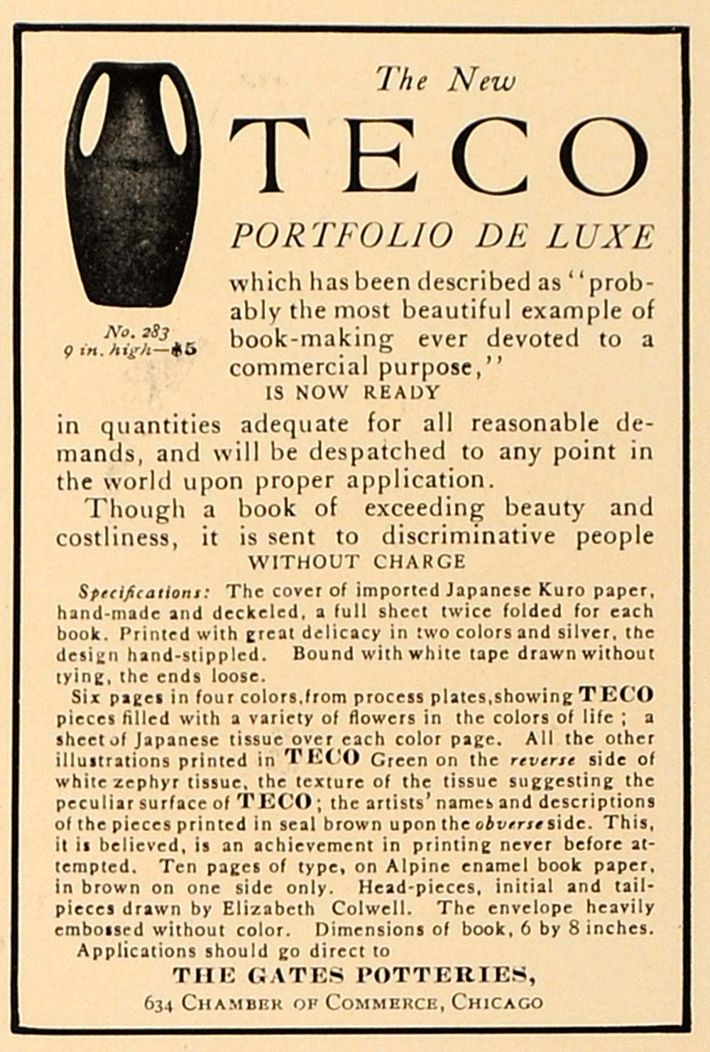 1907 Ad Gates Potteries Teco Porfolio De Luxe Chicago - ORIGINAL ADVERTISING CL4