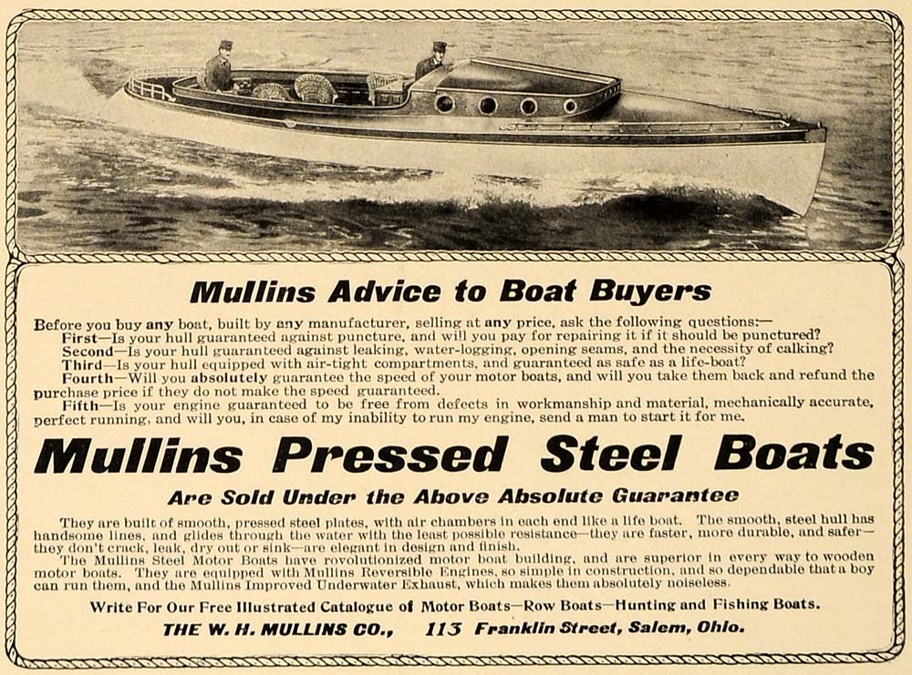 1907 Ad W.H. Mullins Metal Marine Pressed Steel Boats Fishing Salem Ohio CL4