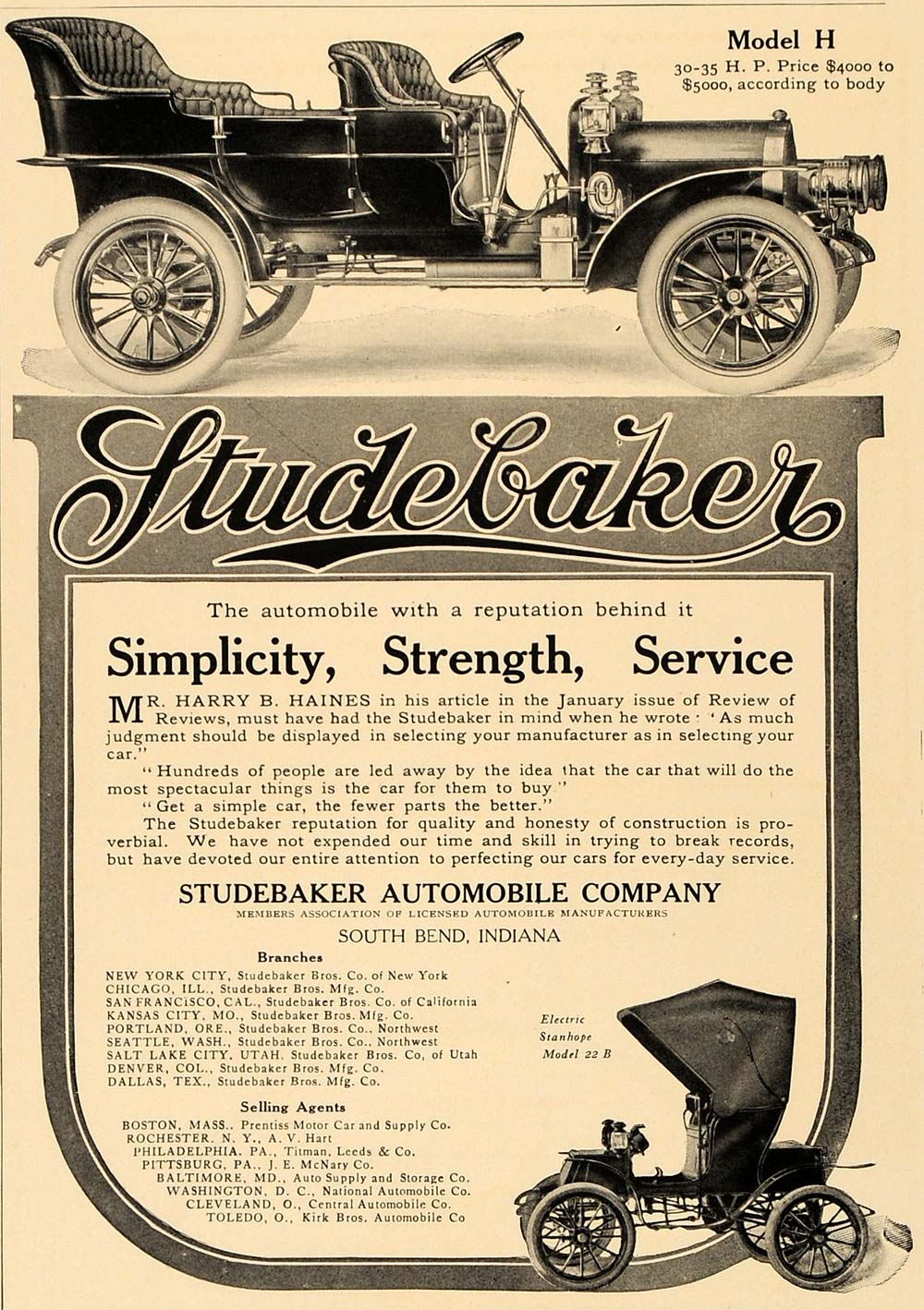 1907 Ad Studebaker Model H Automobile Harry B. Haines - ORIGINAL ADVERTISING CL4