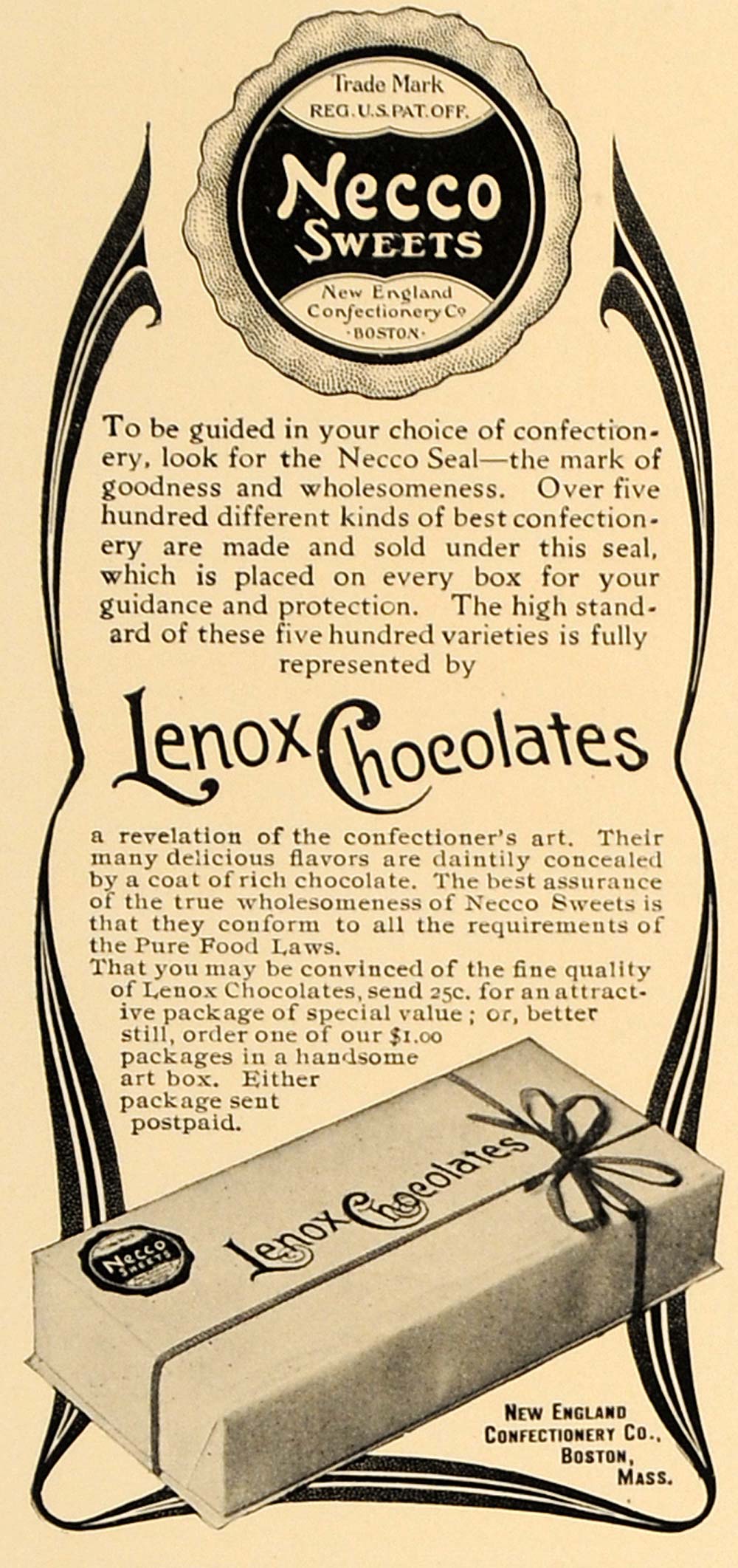 1907 Ad New England Necco Sweets Lenox Chocolates Box - ORIGINAL ADVERTISING CL4