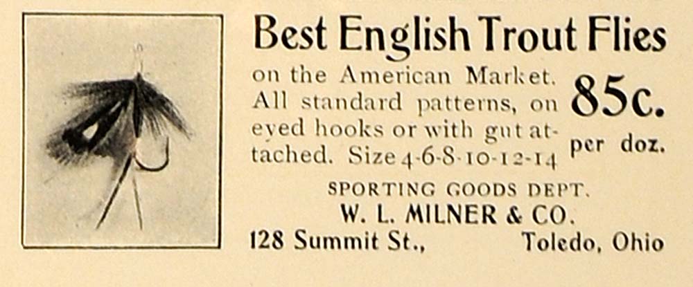 1907 Ad W.L. Milner English Trout Flies Fishing Lure - ORIGINAL ADVERTISING CL4