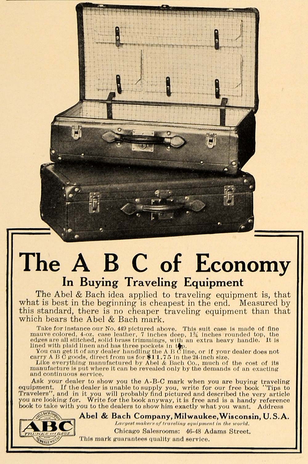 1907 Ad A.B.C. Traveling Equipment Suitcase Trunk - ORIGINAL ADVERTISING CL4