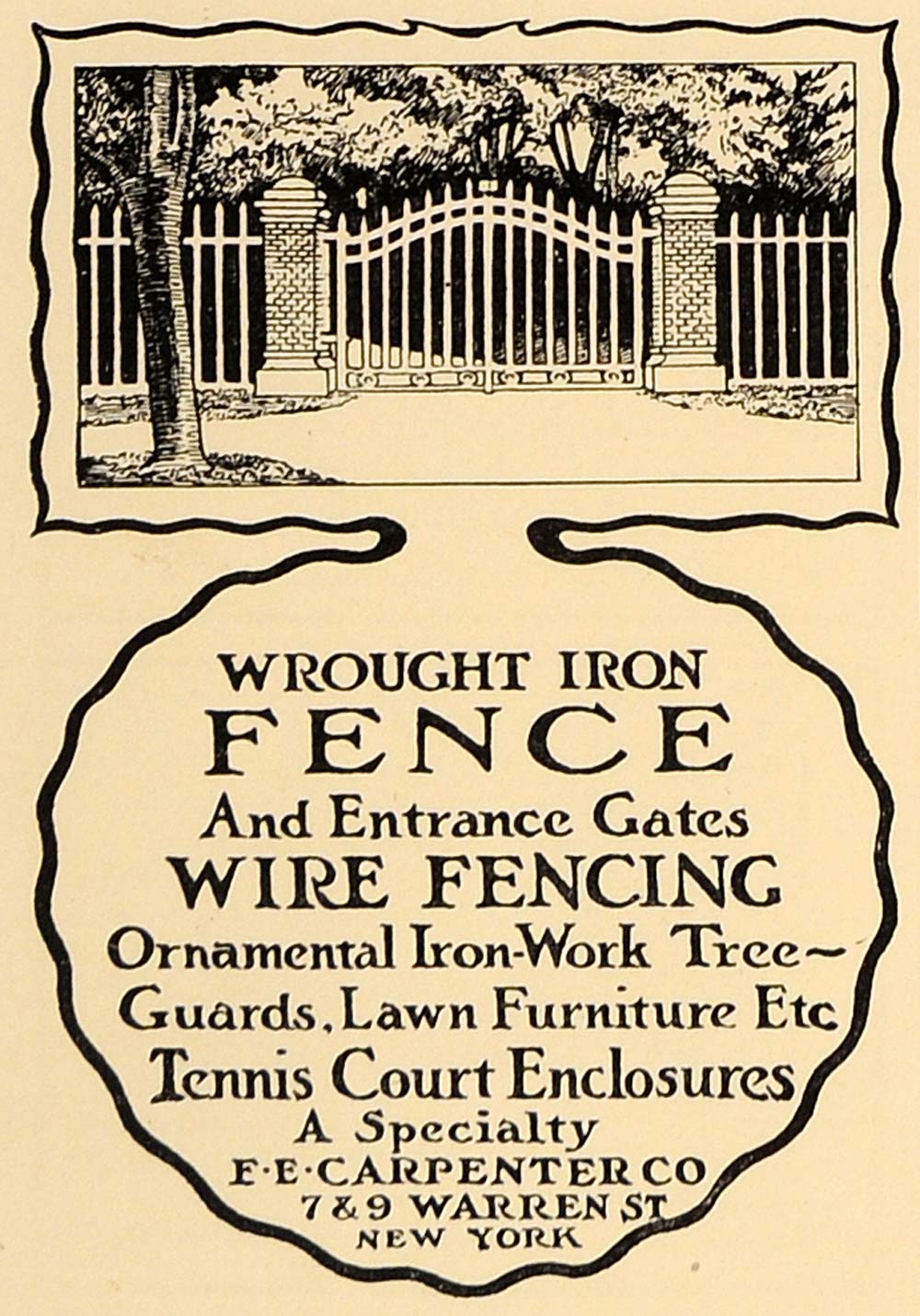1907 Ad Wrought Iron Fence Entrance Gate E.E. Carpenter - ORIGINAL CL4