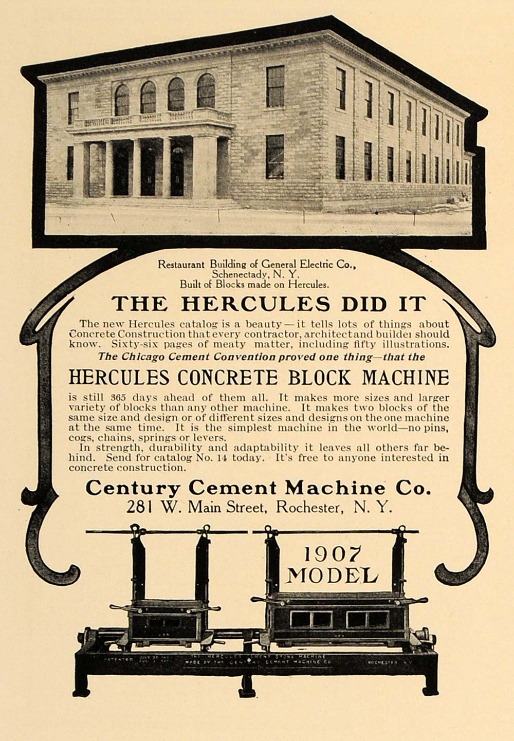 1907 Ad Century Cement Machine Hercules Concrete Block - ORIGINAL CL4