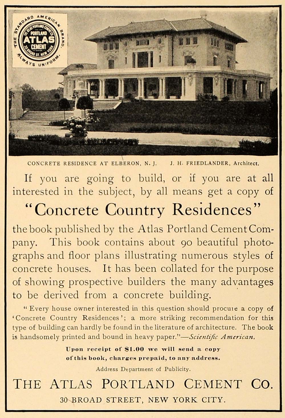 1907 Ad Atlas Portland Cement J.H. Friedlander Elberon ORIGINAL CL4