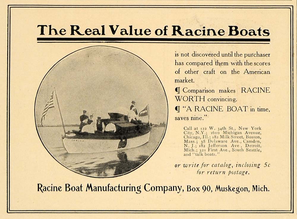 1907 Ad Racine Boat Manufacturing Muskegon Michigan - ORIGINAL ADVERTISING CL4
